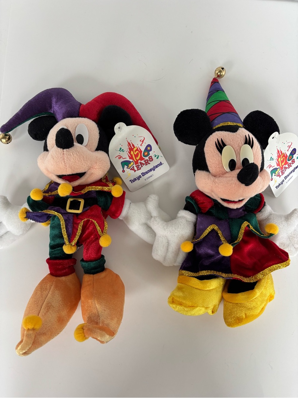 VTG Tokyo Disneyland 15th Anniversary Mickey Minnie Jester Plush Set NWT 1998
